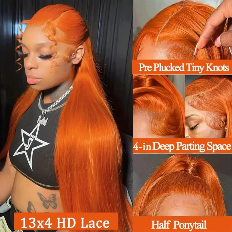 Ginger Orange Straight 13X6 Hd Lace Front Human Hair Wig 13X4 220 Density 36 Inch Wigs #350 Colored Pre Plucked Brazilian Wigs